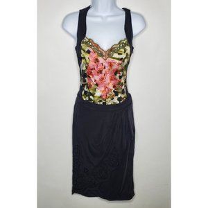 Sassofono Women Faux Wrap Dress Size S Black Floral Sleeveless Sheath Sweetheart